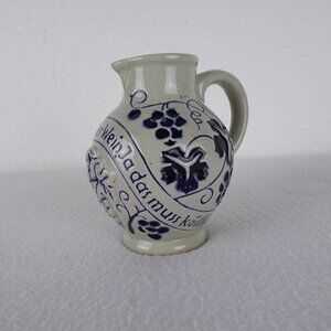 German Salt Glaze Wine Jug Pitcher 4.5" Tall Stoneware Pottery Gray & Blue